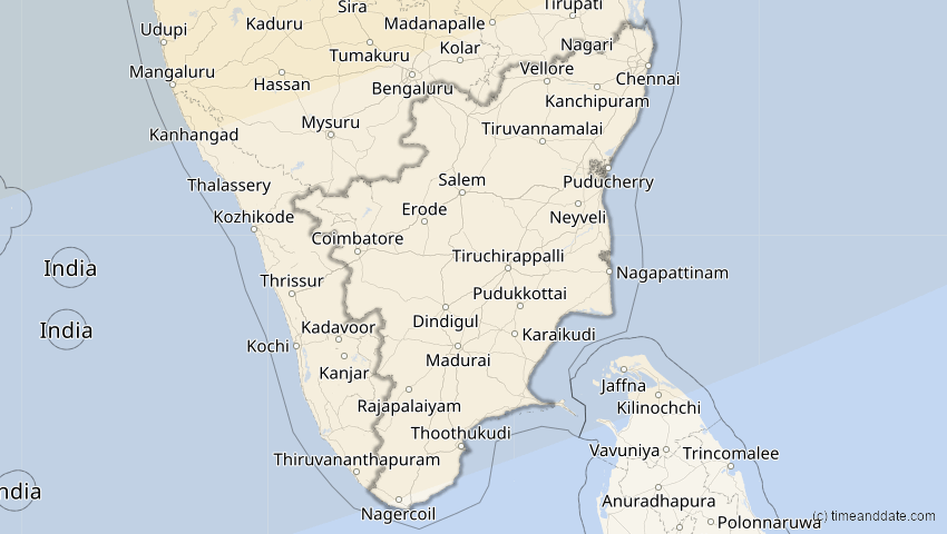 A map of Tamil Nadu, Indien, showing the path of the 20. Apr 2061 Totale Sonnenfinsternis
