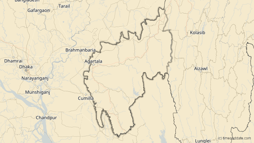 A map of Tripura, Indien, showing the path of the 20. Apr 2061 Totale Sonnenfinsternis