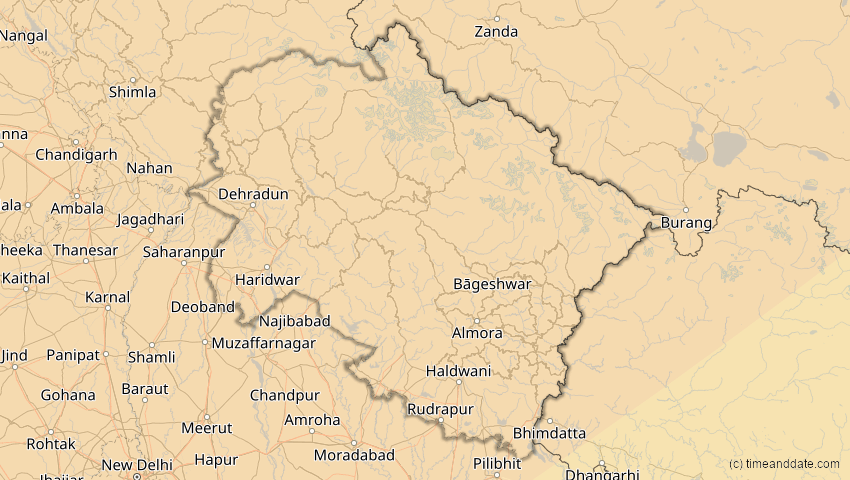 A map of Uttarakhand, Indien, showing the path of the 20. Apr 2061 Totale Sonnenfinsternis