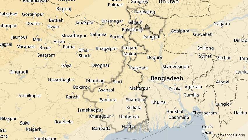 A map of Westbengalen, Indien, showing the path of the 20. Apr 2061 Totale Sonnenfinsternis