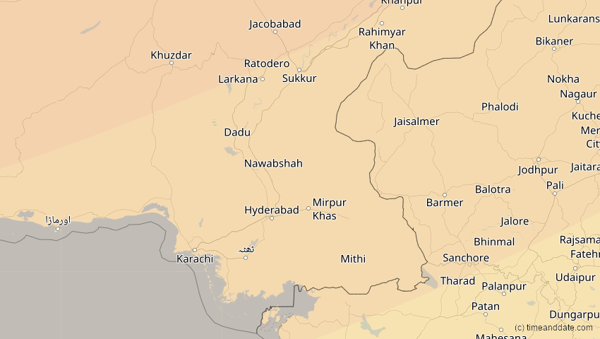 A map of Sindh, Pakistan, showing the path of the 20. Apr 2061 Totale Sonnenfinsternis