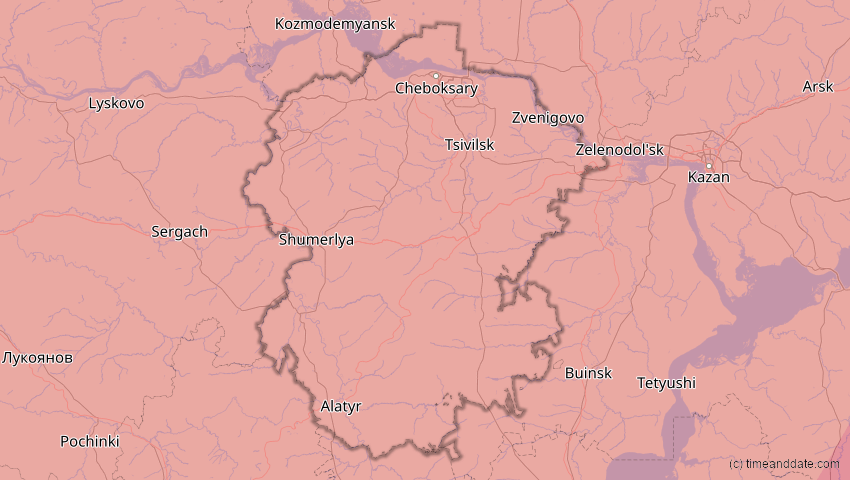 A map of Tschuwaschien, Russland, showing the path of the 20. Apr 2061 Totale Sonnenfinsternis