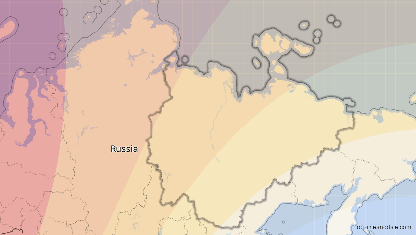 A map of Sacha (Jakutien), Russland, showing the path of the 20. Apr 2061 Totale Sonnenfinsternis