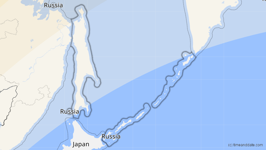 A map of Sachalin, Russland, showing the path of the 20. Apr 2061 Totale Sonnenfinsternis