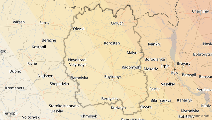 A map of Schytomyr, Ukraine, showing the path of the 20. Apr 2061 Totale Sonnenfinsternis