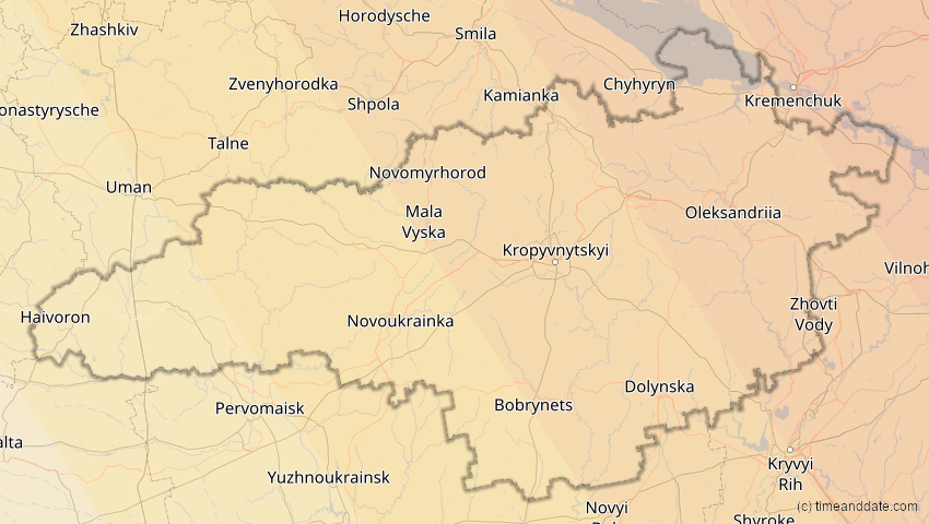 A map of Kirowohrad, Ukraine, showing the path of the 20. Apr 2061 Totale Sonnenfinsternis