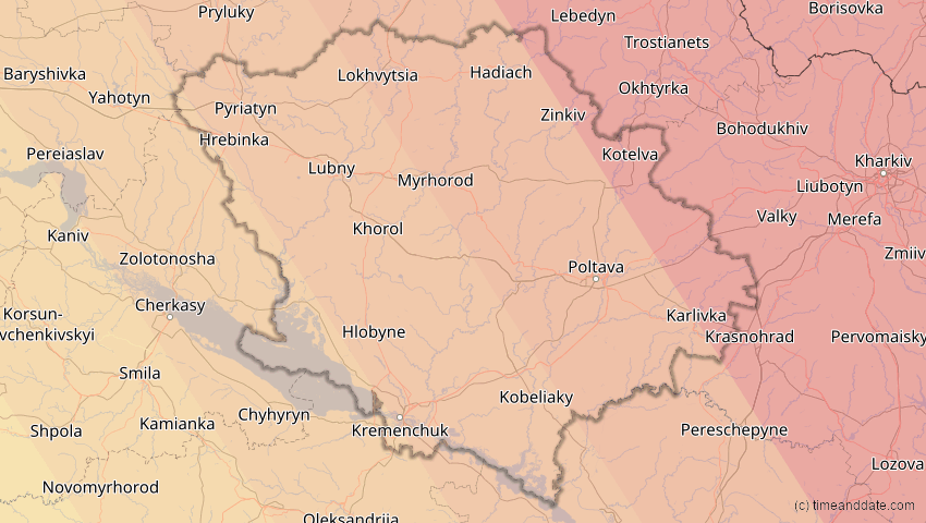 A map of Poltawa, Ukraine, showing the path of the 20. Apr 2061 Totale Sonnenfinsternis