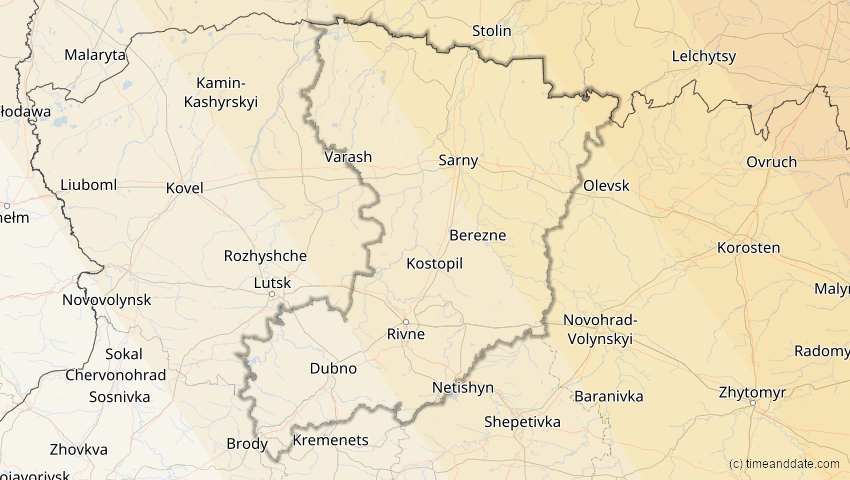 A map of Riwne, Ukraine, showing the path of the 20. Apr 2061 Totale Sonnenfinsternis