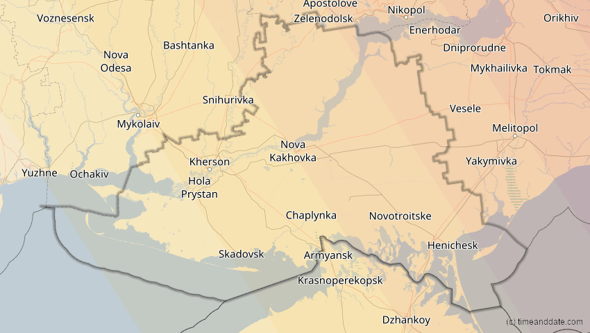 A map of Cherson, Ukraine, showing the path of the 20. Apr 2061 Totale Sonnenfinsternis
