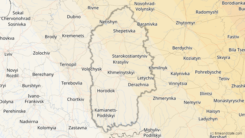 A map of Chmelnyzkyj, Ukraine, showing the path of the 20. Apr 2061 Totale Sonnenfinsternis