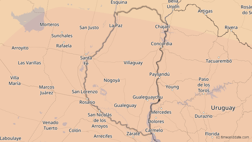 A map of Entre Ríos, Argentinien, showing the path of the 13. Okt 2061 Ringförmige Sonnenfinsternis