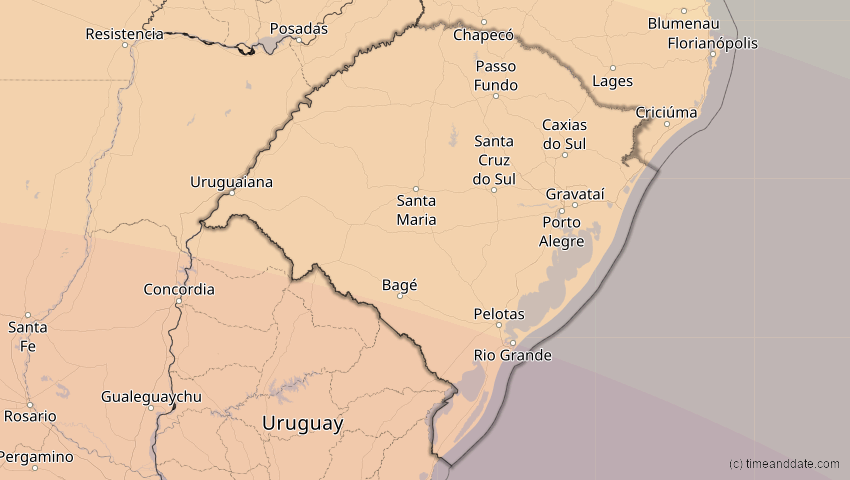 A map of Rio Grande do Sul, Brasilien, showing the path of the 13. Okt 2061 Ringförmige Sonnenfinsternis