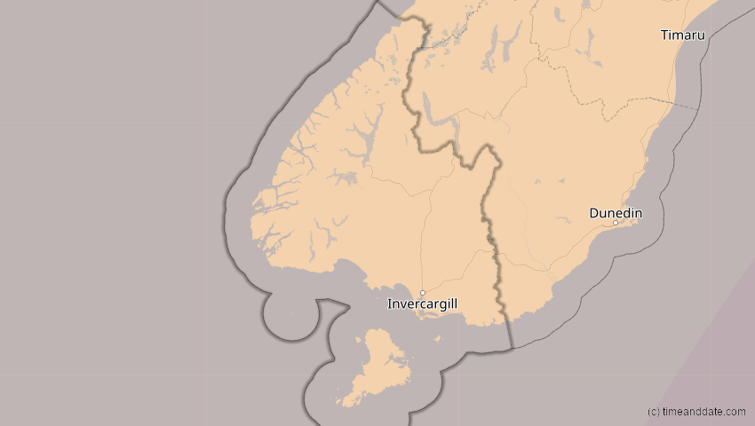 A map of Southland, Neuseeland, showing the path of the 11. Mär 2062 Partielle Sonnenfinsternis