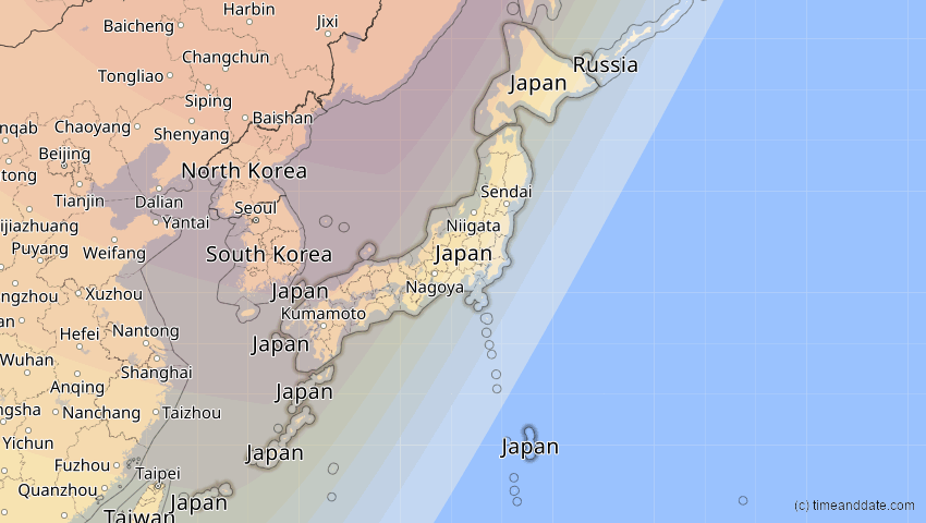 A map of Japan, showing the path of the 3. Sep 2062 Partielle Sonnenfinsternis