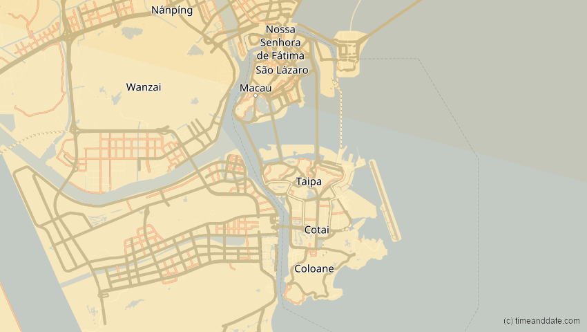 A map of Macao, showing the path of the 3. Sep 2062 Partielle Sonnenfinsternis