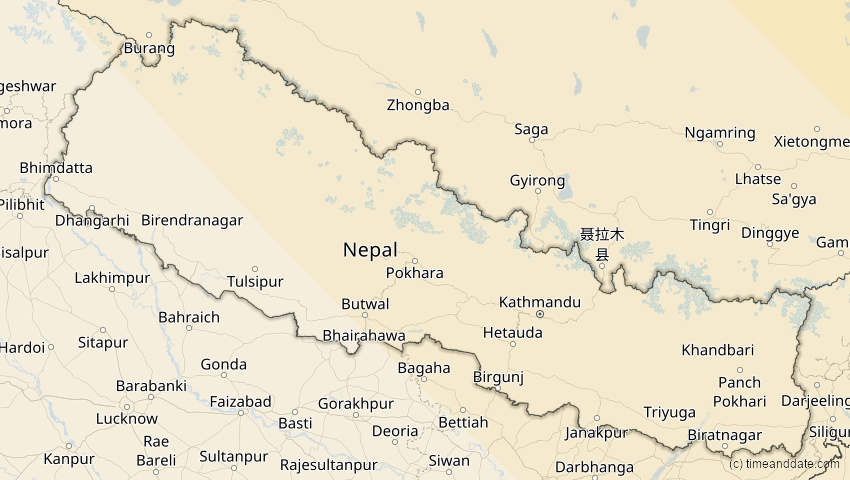 A map of Nepal, showing the path of the 3. Sep 2062 Partielle Sonnenfinsternis