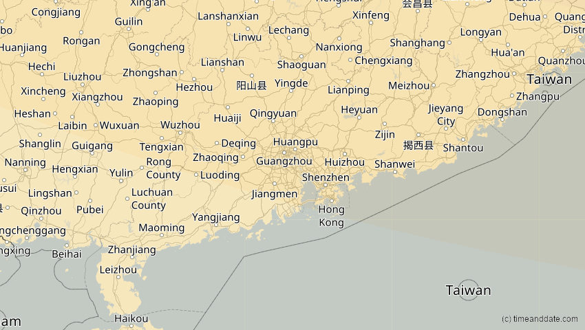 A map of Guangdong, China, showing the path of the 3. Sep 2062 Partielle Sonnenfinsternis