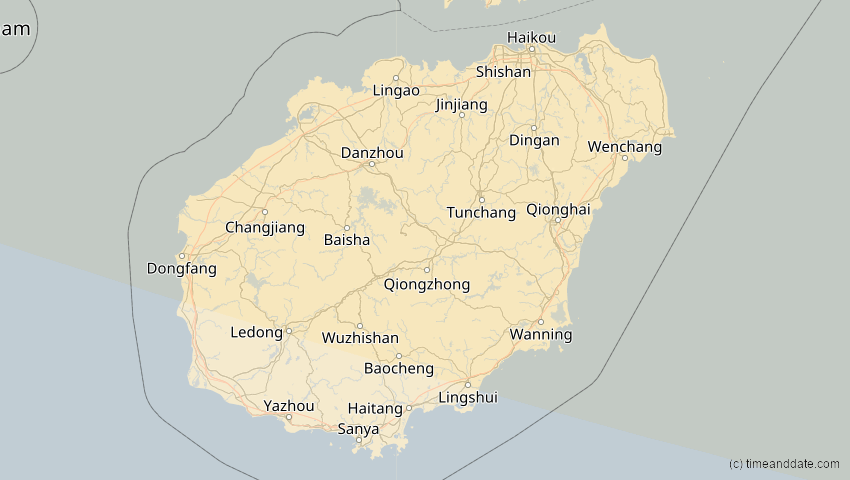 A map of Hainan, China, showing the path of the 3. Sep 2062 Partielle Sonnenfinsternis