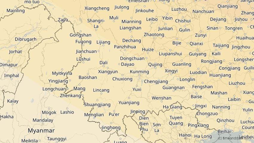 A map of Yunnan, China, showing the path of the 3. Sep 2062 Partielle Sonnenfinsternis