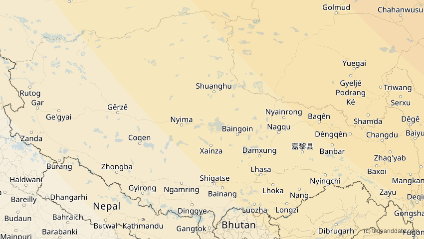 A map of Tibet, China, showing the path of the 3. Sep 2062 Partielle Sonnenfinsternis