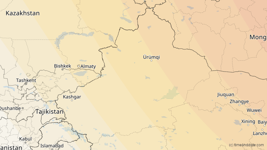 A map of Xinjiang, China, showing the path of the 3. Sep 2062 Partielle Sonnenfinsternis