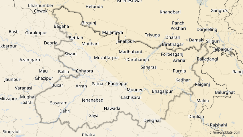 A map of Bihar, Indien, showing the path of the 3. Sep 2062 Partielle Sonnenfinsternis