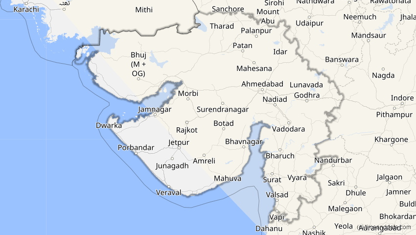 A map of Gujarat, Indien, showing the path of the 3. Sep 2062 Partielle Sonnenfinsternis