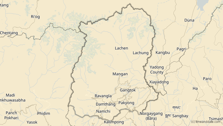 A map of Sikkim, Indien, showing the path of the 3. Sep 2062 Partielle Sonnenfinsternis