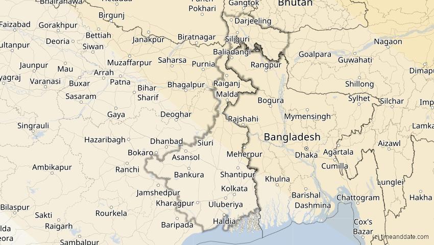 A map of Westbengalen, Indien, showing the path of the 3. Sep 2062 Partielle Sonnenfinsternis
