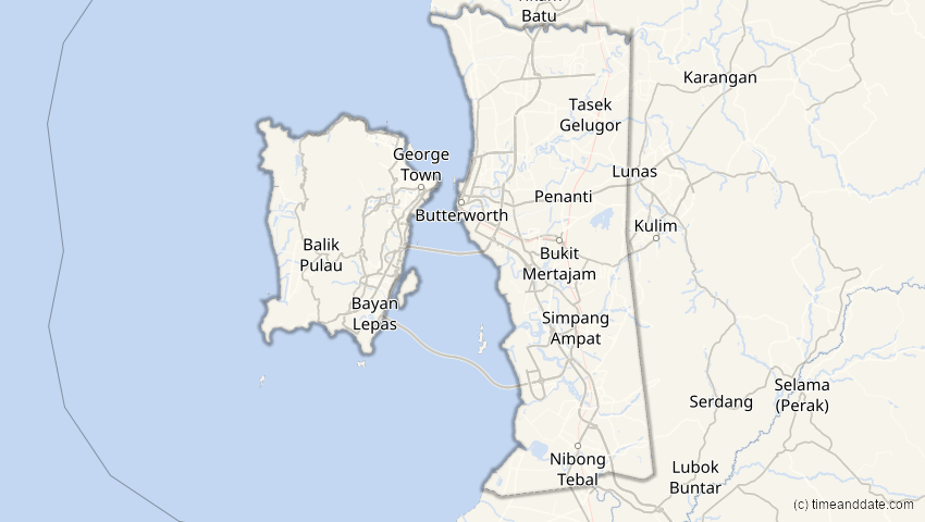 A map of Penang, Malaysia, showing the path of the 3. Sep 2062 Partielle Sonnenfinsternis