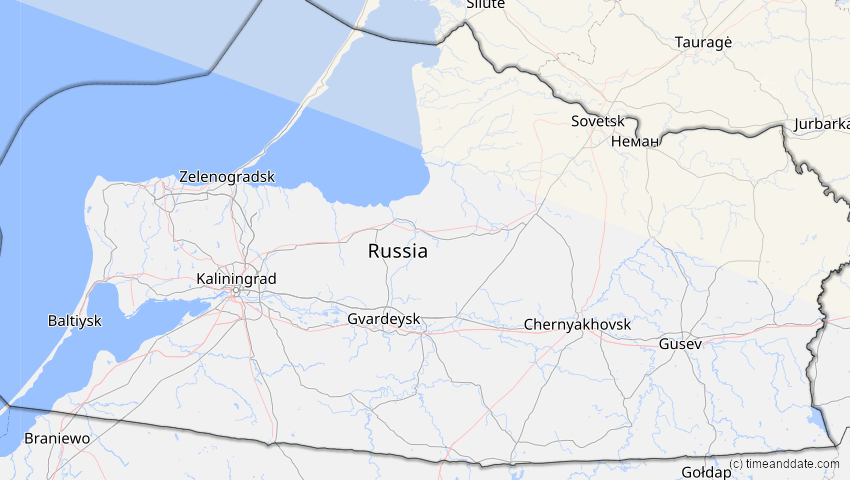 A map of Kaliningrad, Russland, showing the path of the 3. Sep 2062 Partielle Sonnenfinsternis
