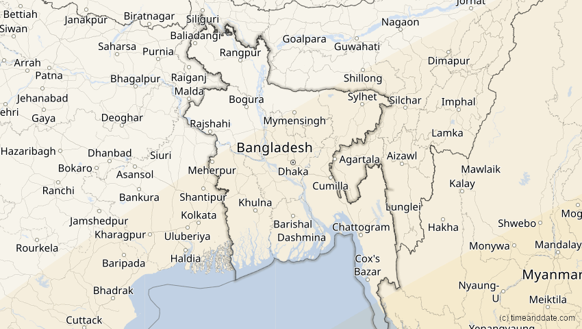 A map of Bangladesch, showing the path of the 28. Feb 2063 Ringförmige Sonnenfinsternis