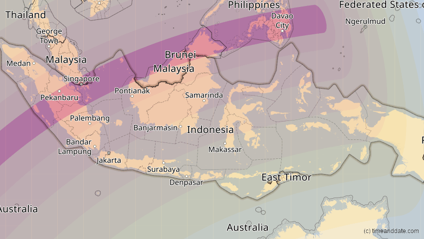 A map of Indonesien, showing the path of the 28. Feb 2063 Ringförmige Sonnenfinsternis