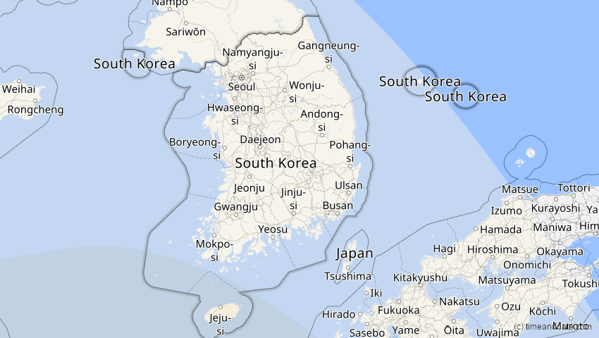 A map of Südkorea, showing the path of the 28. Feb 2063 Ringförmige Sonnenfinsternis