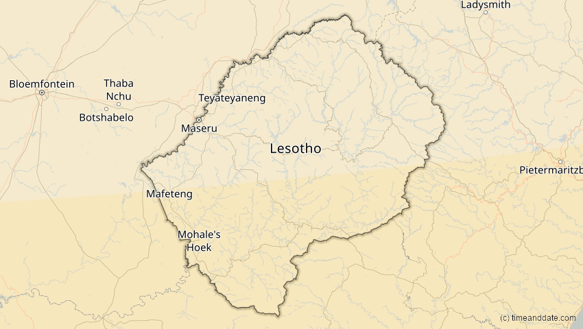 A map of Lesotho, showing the path of the 28. Feb 2063 Ringförmige Sonnenfinsternis