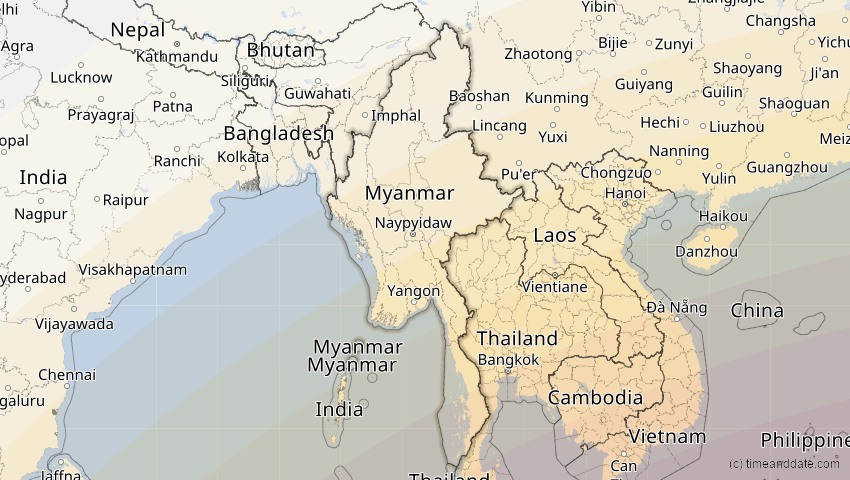 A map of Myanmar, showing the path of the 28. Feb 2063 Ringförmige Sonnenfinsternis