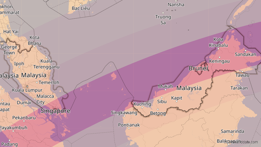 A map of Malaysia, showing the path of the 28. Feb 2063 Ringförmige Sonnenfinsternis
