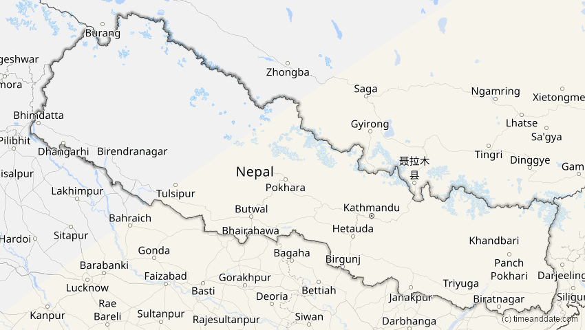 A map of Nepal, showing the path of the 28. Feb 2063 Ringförmige Sonnenfinsternis