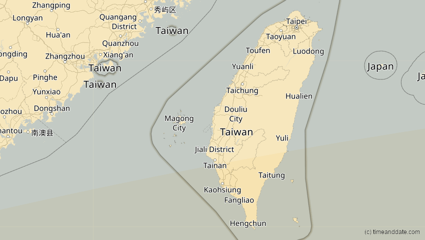 A map of Taiwan, showing the path of the 28. Feb 2063 Ringförmige Sonnenfinsternis