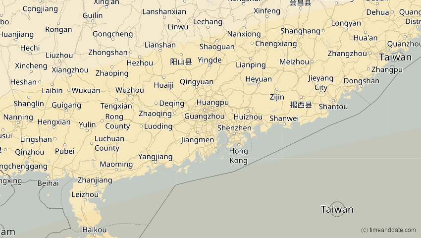 A map of Guangdong, China, showing the path of the 28. Feb 2063 Ringförmige Sonnenfinsternis