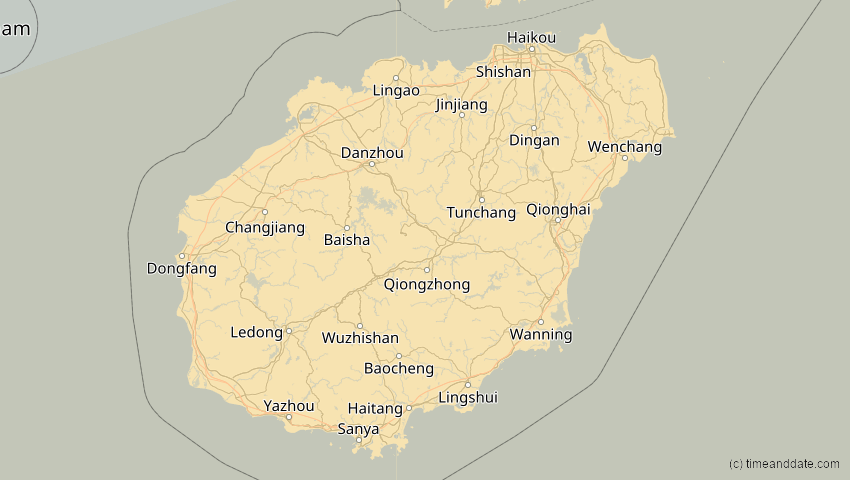 A map of Hainan, China, showing the path of the 28. Feb 2063 Ringförmige Sonnenfinsternis