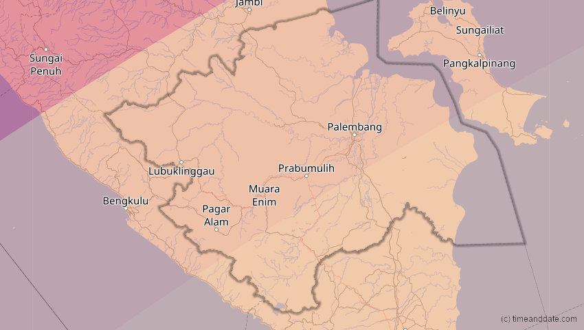 A map of Sumatera Selatan, Indonesien, showing the path of the 28. Feb 2063 Ringförmige Sonnenfinsternis