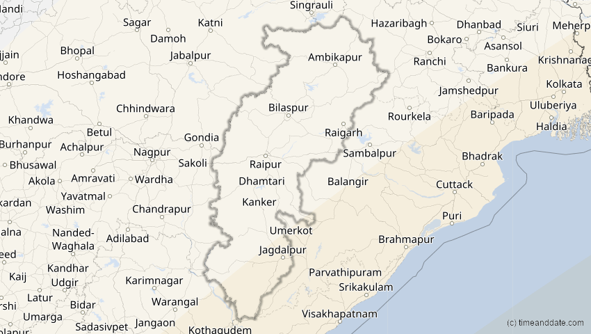 A map of Chhattisgarh, Indien, showing the path of the 28. Feb 2063 Ringförmige Sonnenfinsternis