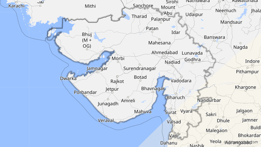 A map of Gujarat, Indien, showing the path of the 28. Feb 2063 Ringförmige Sonnenfinsternis
