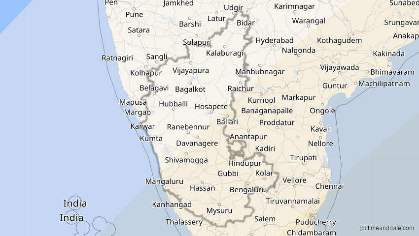 A map of Karnataka, Indien, showing the path of the 28. Feb 2063 Ringförmige Sonnenfinsternis