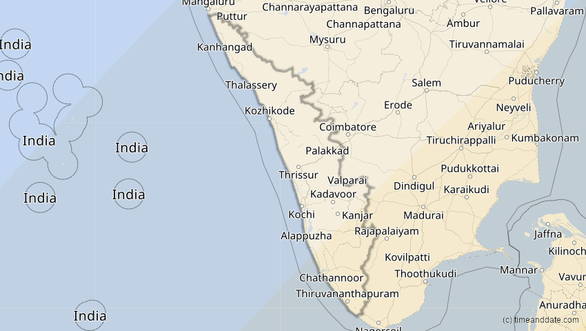 A map of Kerala, Indien, showing the path of the 28. Feb 2063 Ringförmige Sonnenfinsternis