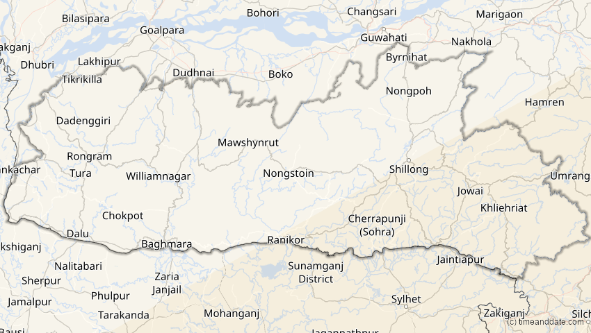A map of Meghalaya, Indien, showing the path of the 28. Feb 2063 Ringförmige Sonnenfinsternis