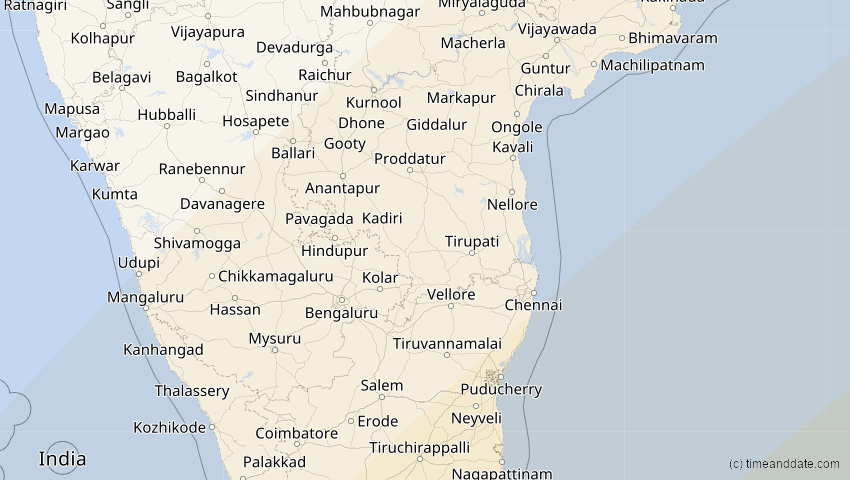 A map of Pondicherry, Indien, showing the path of the 28. Feb 2063 Ringförmige Sonnenfinsternis