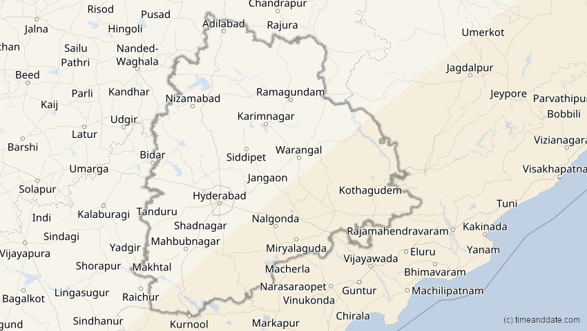 A map of Telangana, Indien, showing the path of the 28. Feb 2063 Ringförmige Sonnenfinsternis