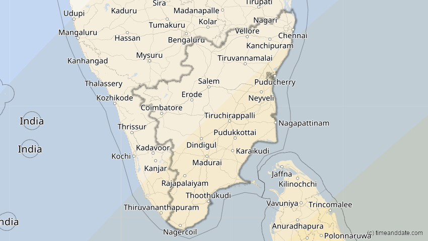 A map of Tamil Nadu, Indien, showing the path of the 28. Feb 2063 Ringförmige Sonnenfinsternis